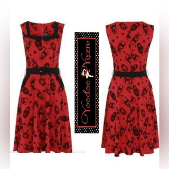 Voodoo Vixen Red Nesting Dolls And Reindeer Holiday Flocked Flare Dress - Picture 2 of 5